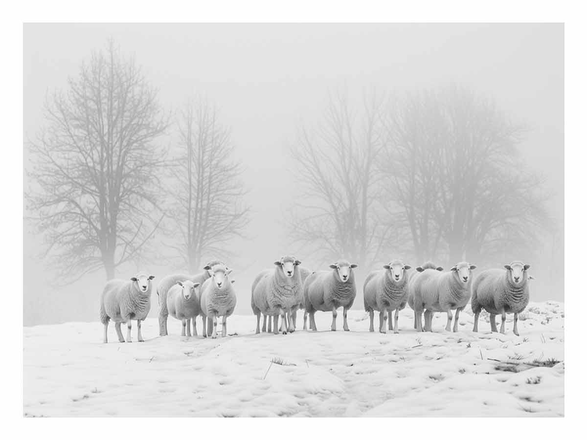 Sheep flock in snowy field canvas art for peaceful farmhouse or bedroom decor.