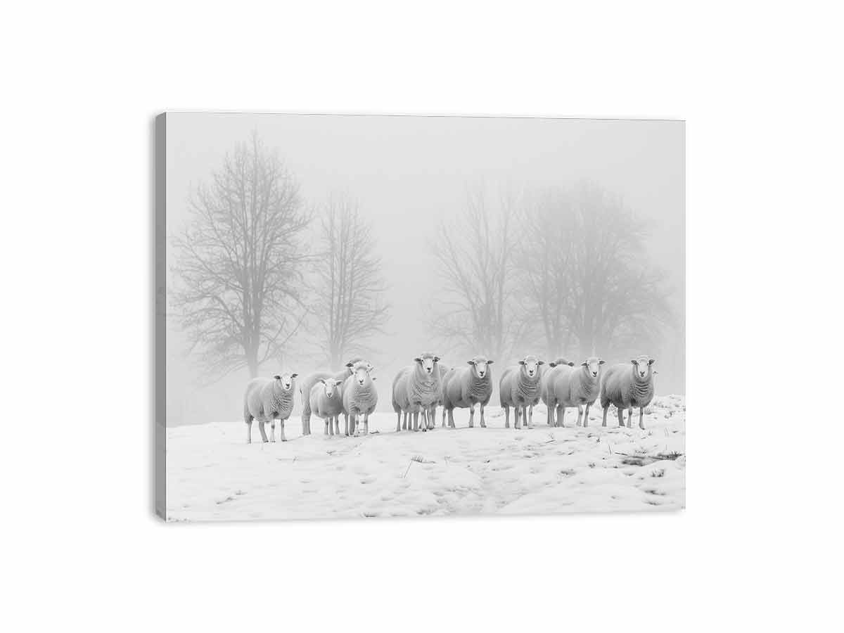Sheep flock in snowy field canvas art for peaceful farmhouse or bedroom decor.
