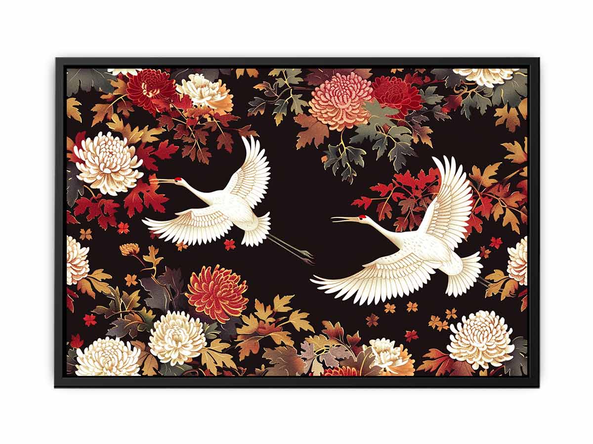 White cranes and floral pattern canvas art for dramatic luxury living room decor.
