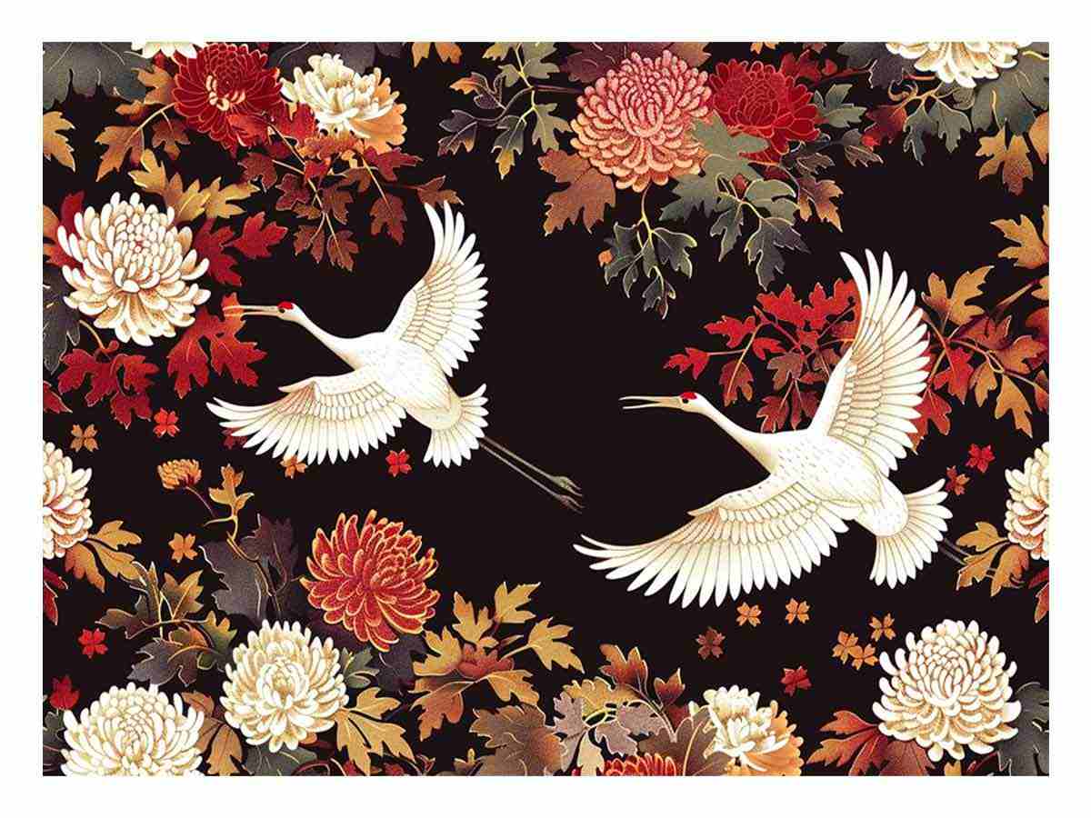 White cranes and floral pattern canvas art for dramatic luxury living room decor.