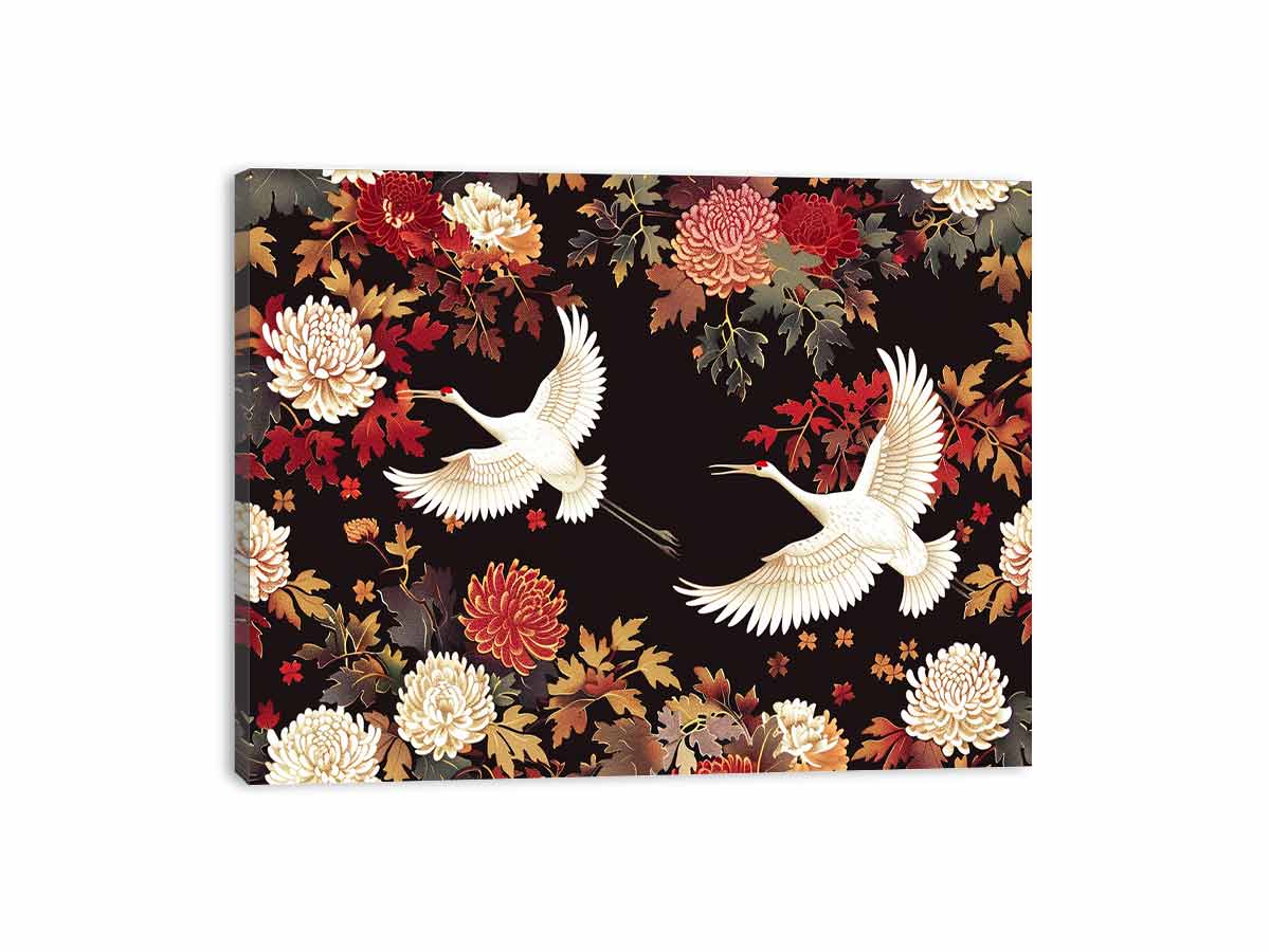 White cranes and floral pattern canvas art for dramatic luxury living room decor.