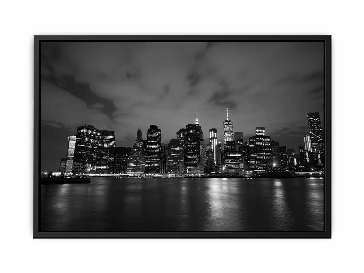 Black and white night skyline canvas art for apartment or office decor.