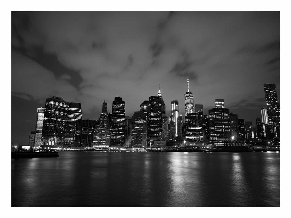 Black and white night skyline canvas art for apartment or office decor.