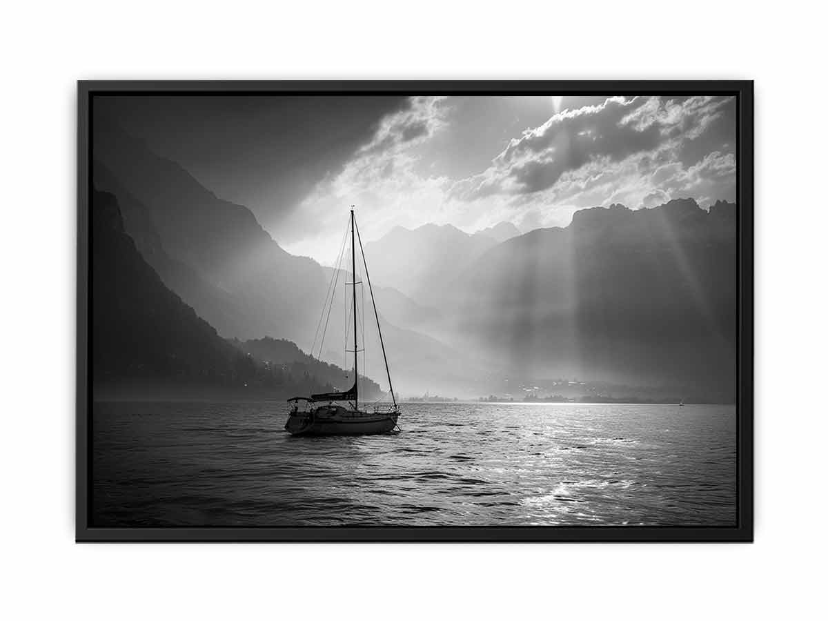 Black and white sailboat lake canvas art for calm modern interiors.