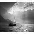 Black and white sailboat lake canvas art for calm modern interiors.
