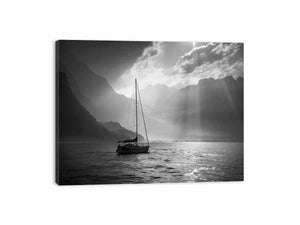Black and white sailboat lake canvas art for calm modern interiors.