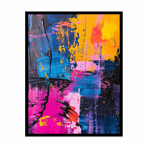 Colorful abstract expressionist canvas art with pink blue and yellow for modern living room decor.