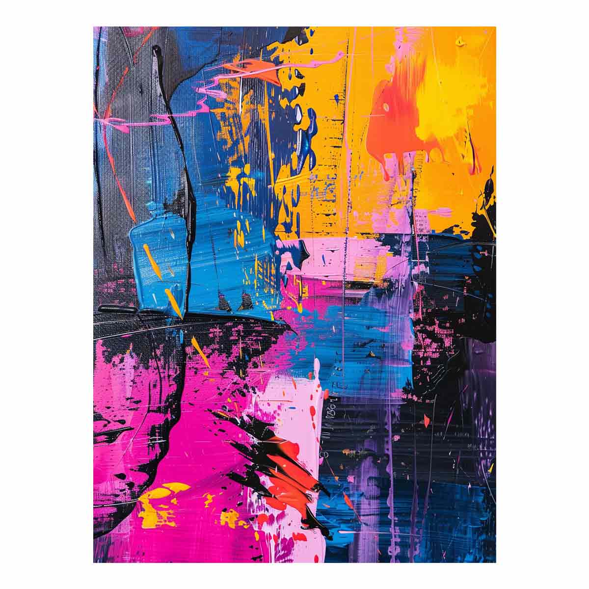 Colorful abstract expressionist canvas art with pink blue and yellow for modern living room decor.