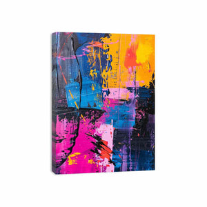 Colorful abstract expressionist canvas art with pink blue and yellow for modern living room decor.