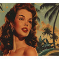 Vintage tropical woman portrait with palm trees and classic car for glamorous living room wall decor.
