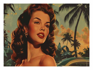 Vintage tropical woman portrait with palm trees and classic car for glamorous living room wall decor.
