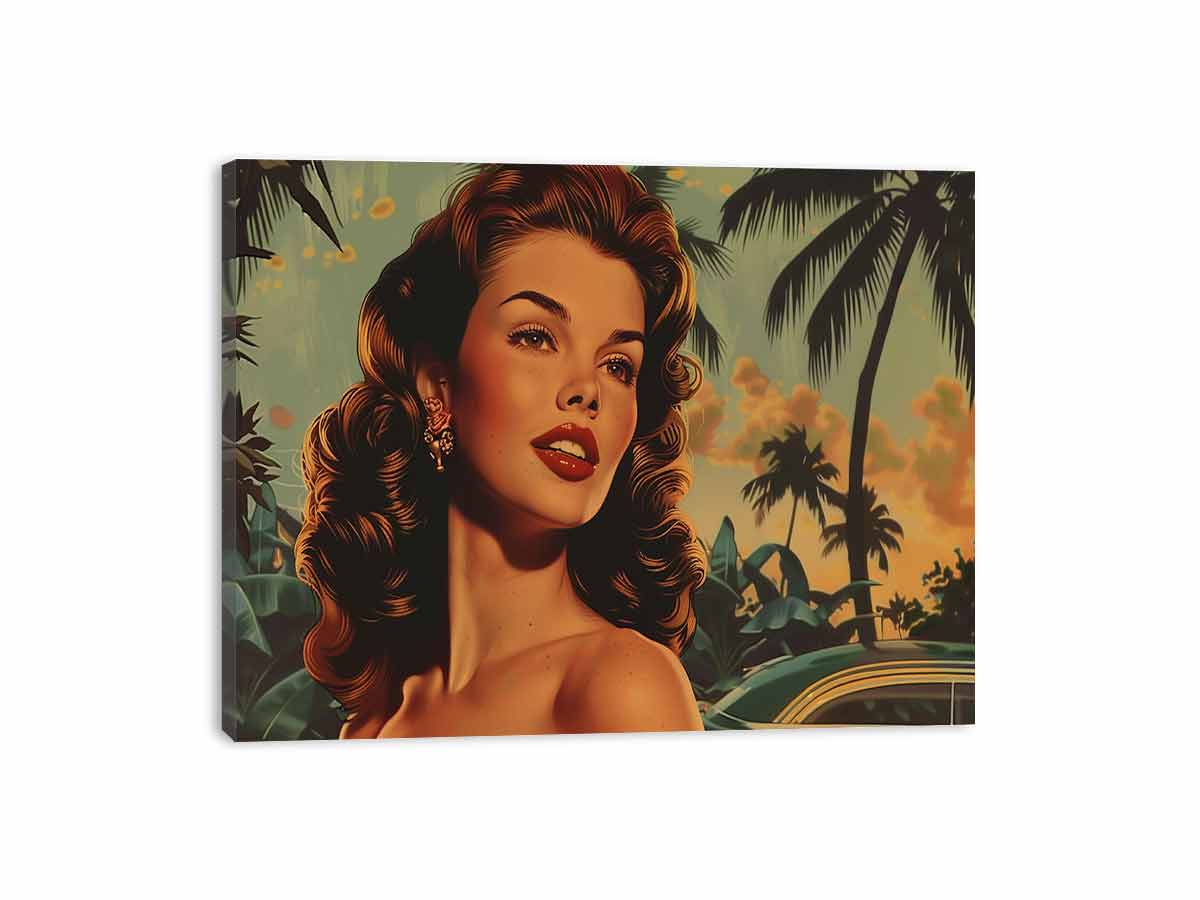 Vintage tropical woman portrait with palm trees and classic car for glamorous living room wall decor.