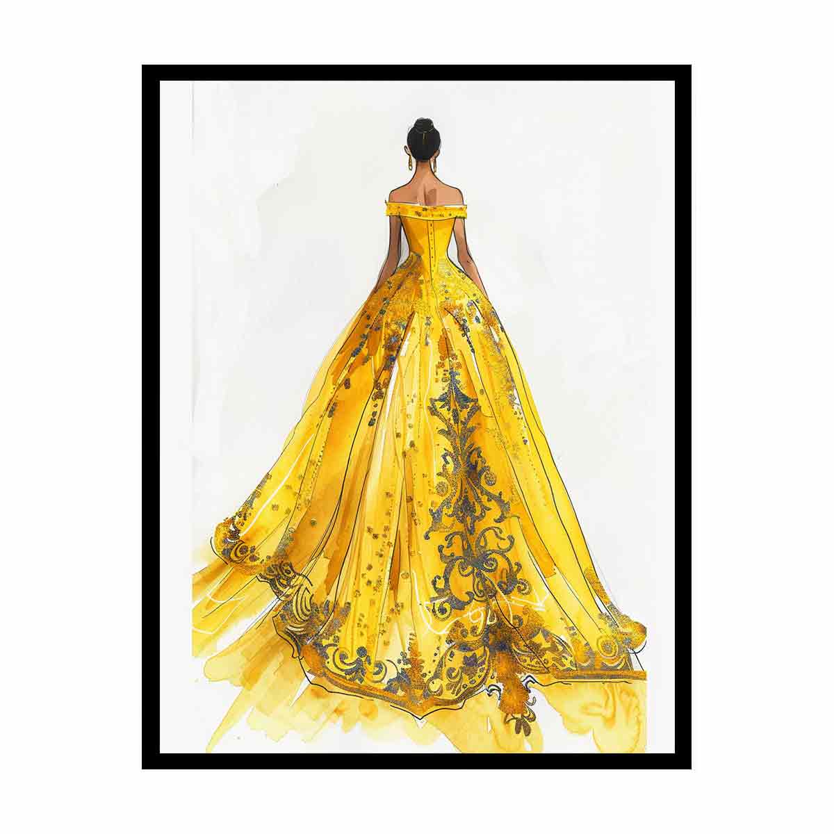 Elegant yellow couture gown fashion illustration canvas art for bedroom or dressing room decor.