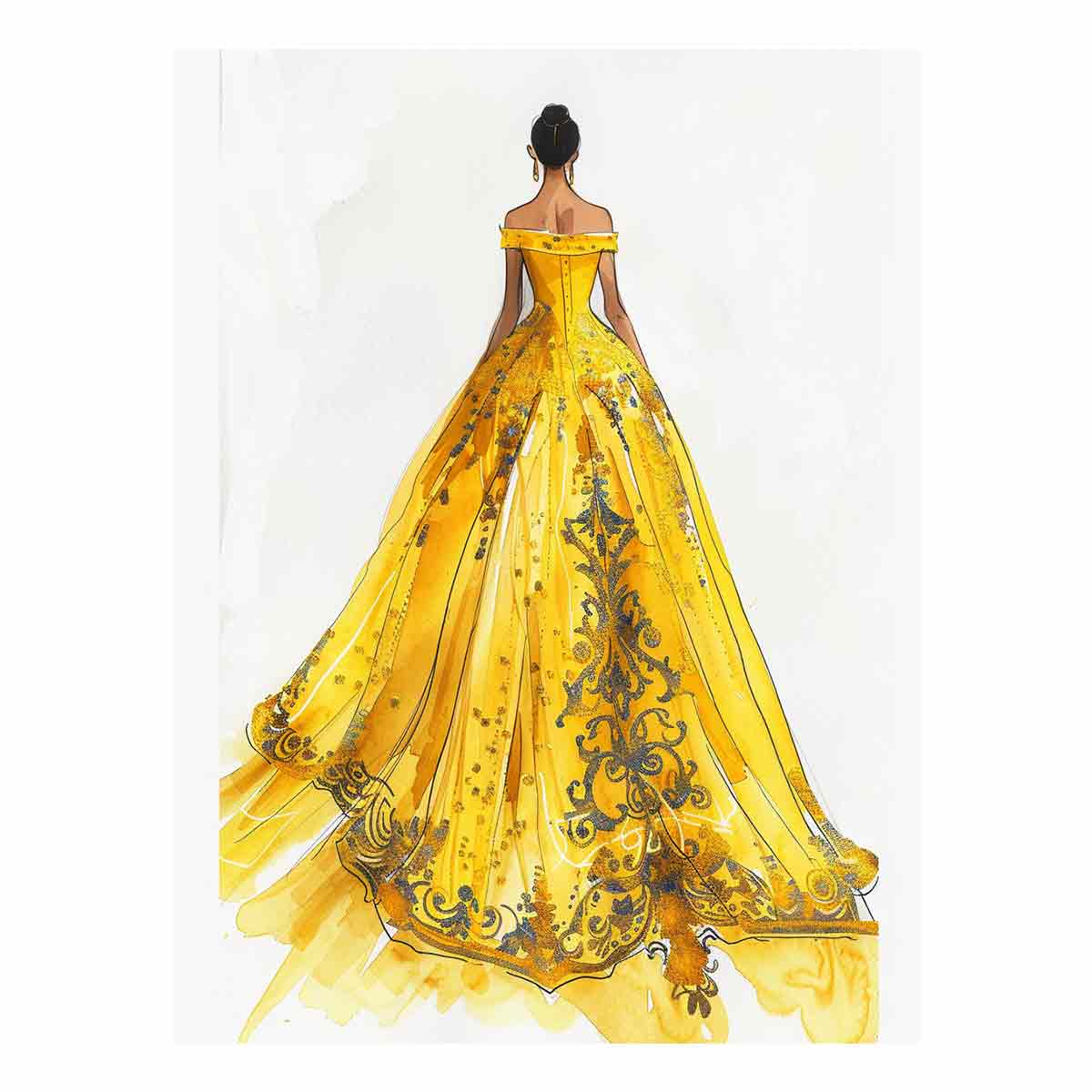 Elegant yellow couture gown fashion illustration canvas art for bedroom or dressing room decor.