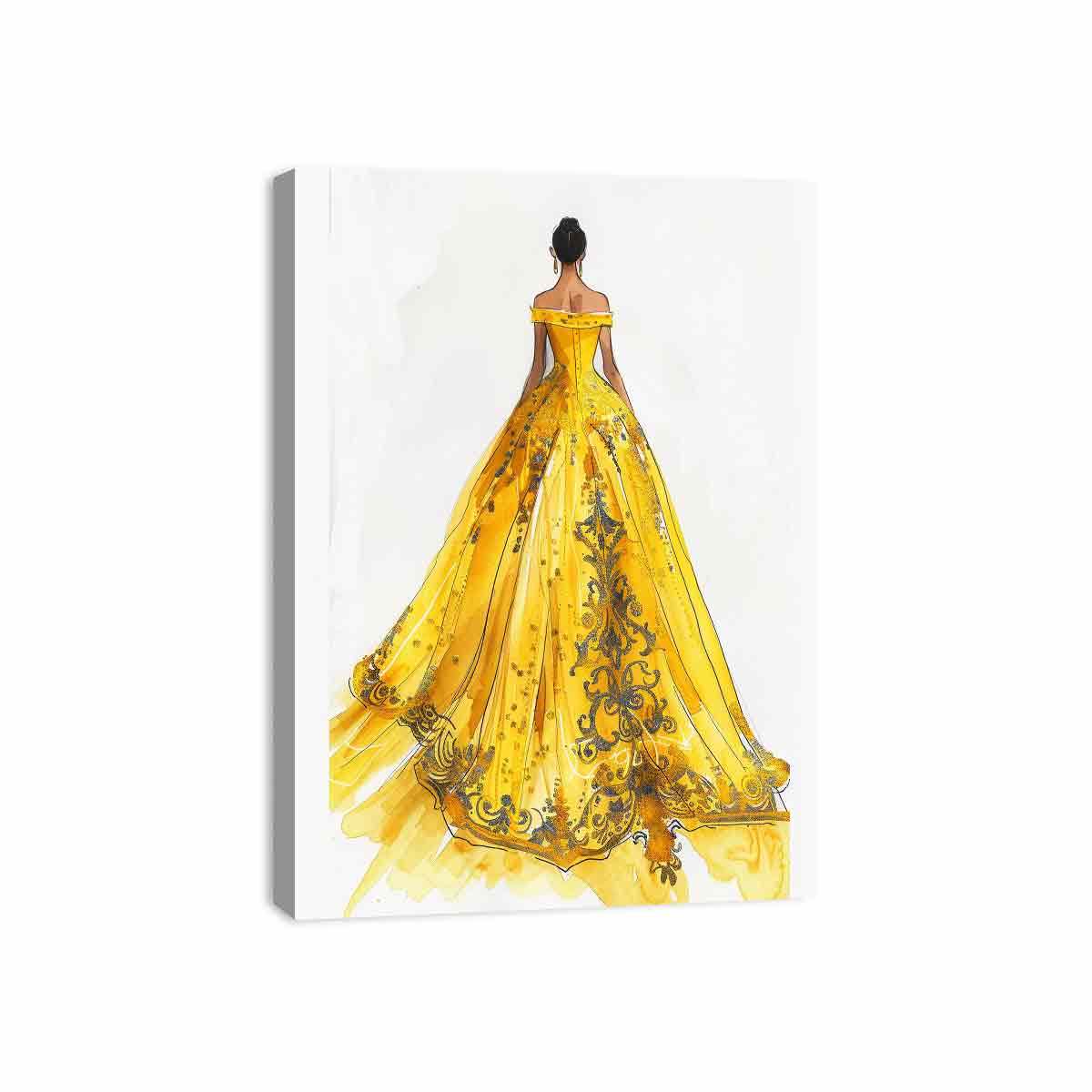 Elegant yellow couture gown fashion illustration canvas art for bedroom or dressing room decor.