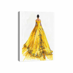 Elegant yellow couture gown fashion illustration canvas art for bedroom or dressing room decor.
