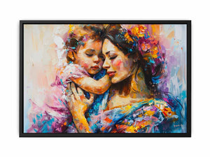 Colorful mother and child abstract canvas art for warm modern family room decor.