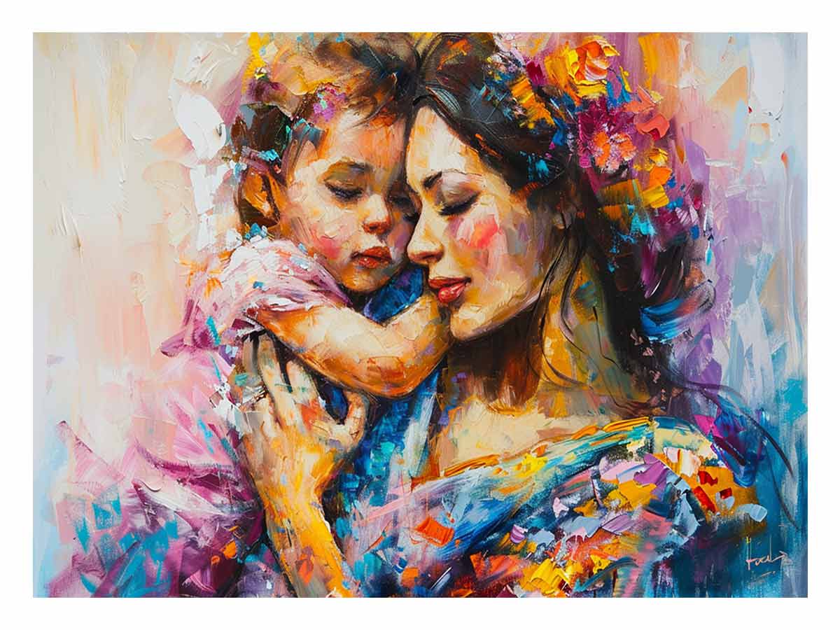 Colorful mother and child abstract canvas art for warm modern family room decor.