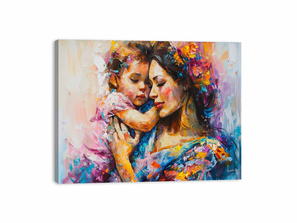 Colorful mother and child abstract canvas art for warm modern family room decor.
