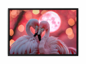 Pink flamingos with moon canvas art for dreamy bedroom and living room decor.
