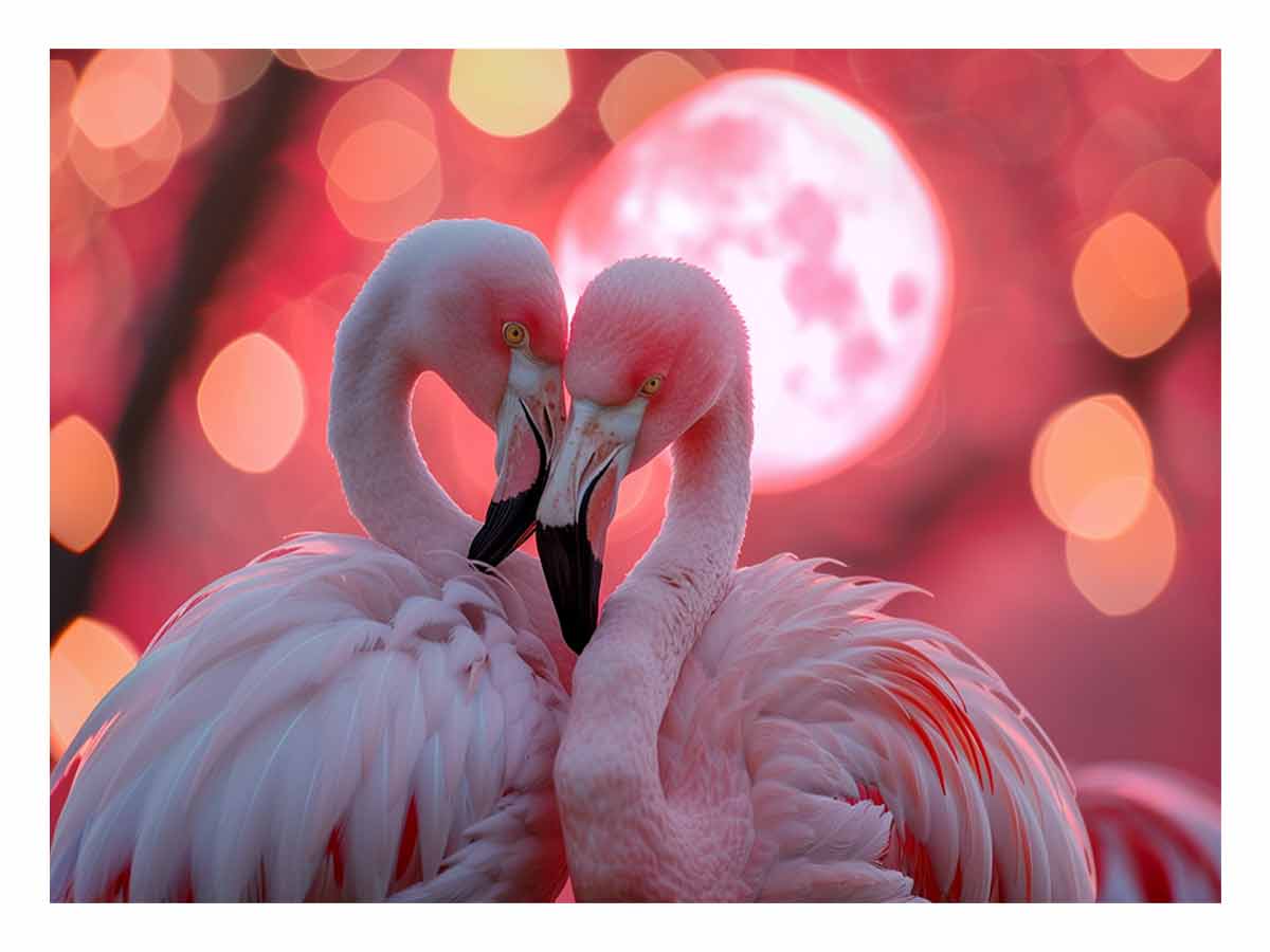 Pink flamingos with moon canvas art for dreamy bedroom and living room decor.