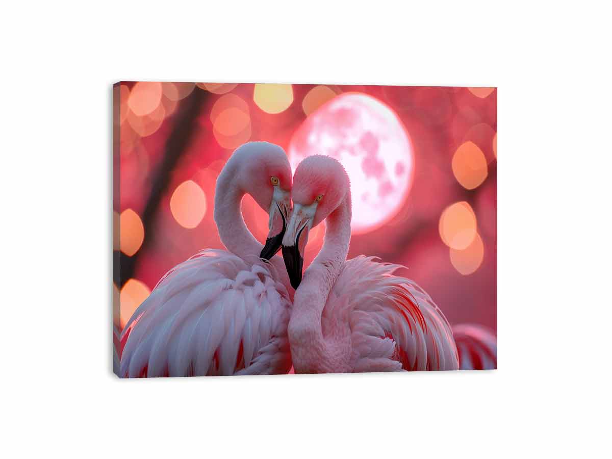 Pink flamingos with moon canvas art for dreamy bedroom and living room decor.