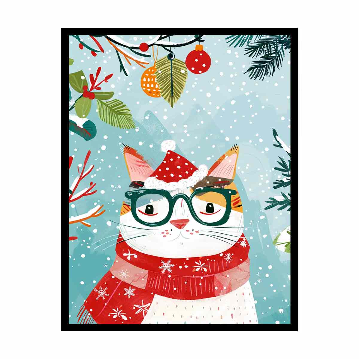 Cute Christmas cat canvas art with glasses, Santa hat, and red scarf for kids room decor.