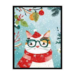 Cute Christmas cat canvas art with glasses, Santa hat, and red scarf for kids room decor.