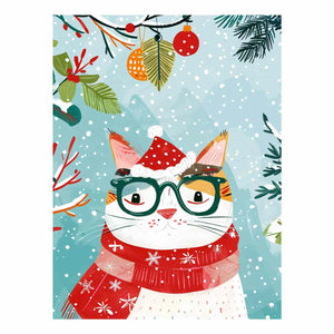 Cute Christmas cat canvas art with glasses, Santa hat, and red scarf for kids room decor.