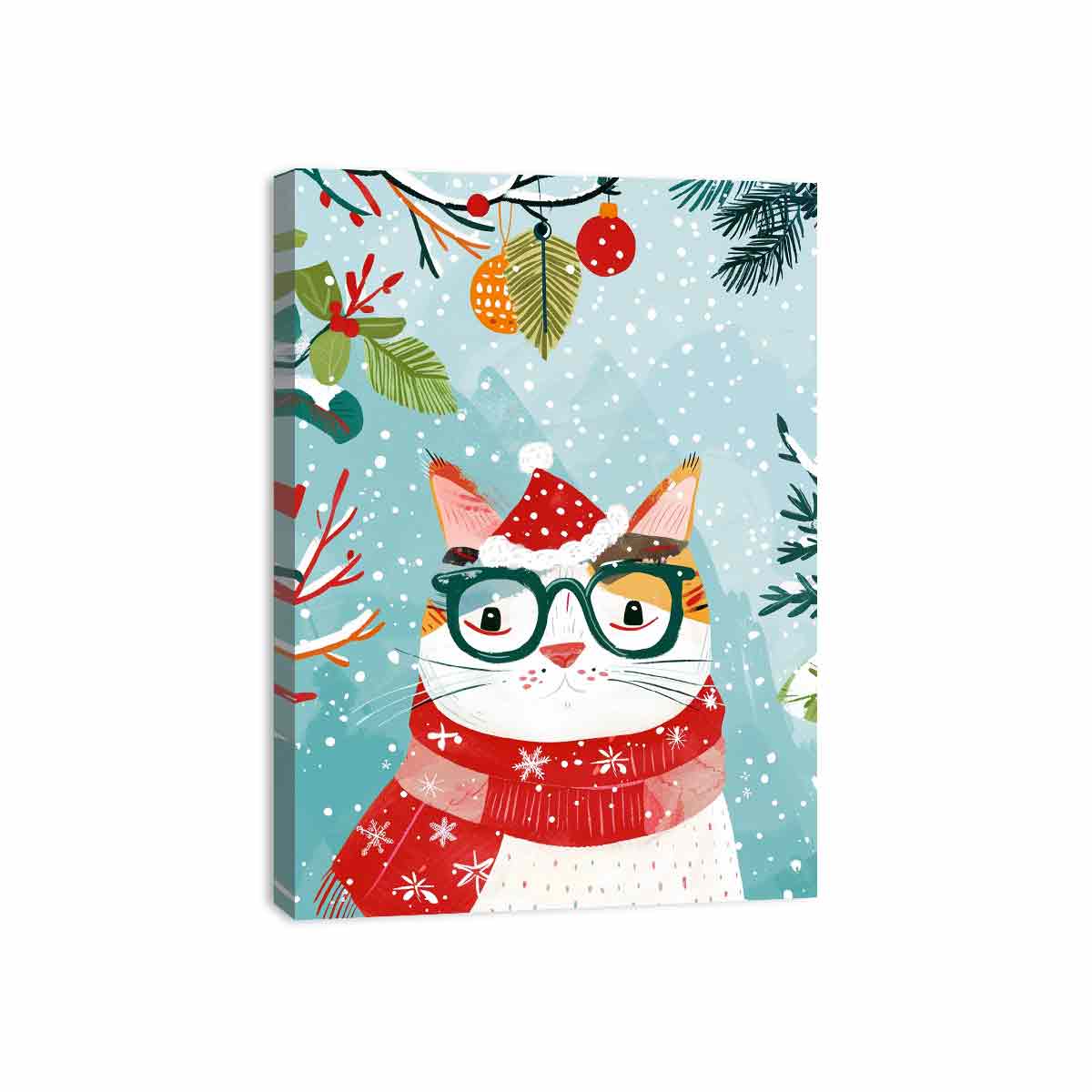 Cute Christmas cat canvas art with glasses, Santa hat, and red scarf for kids room decor.
