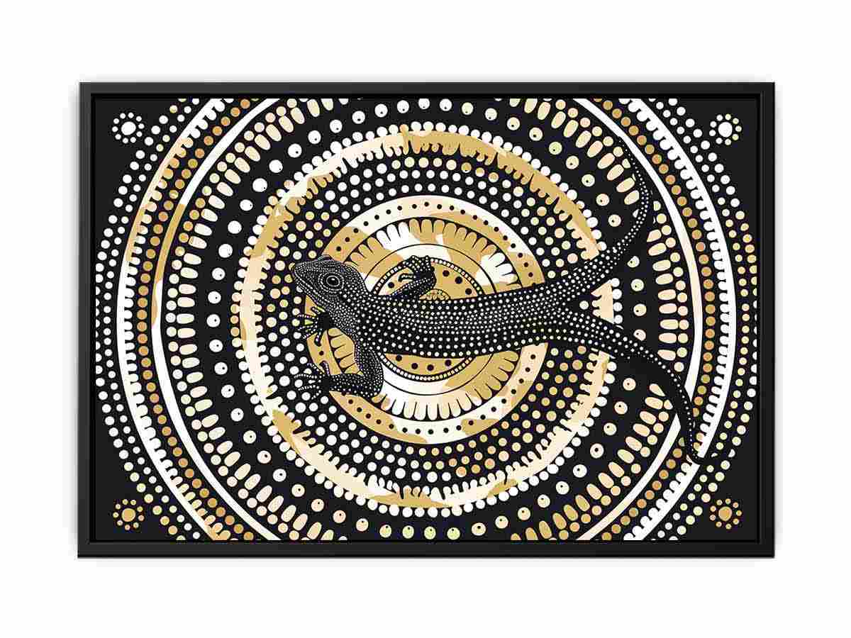 Black and gold lizard dot art canvas for modern living room decor.