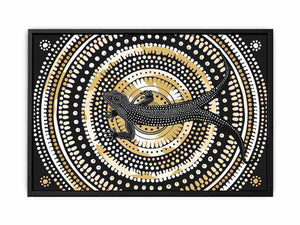 Black and gold lizard dot art canvas for modern living room decor.