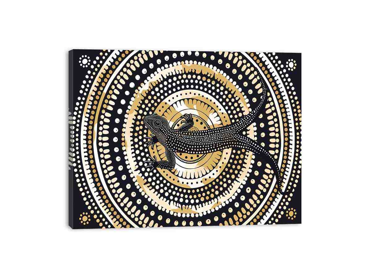 Black and gold lizard dot art canvas for modern living room decor.