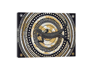 Black and gold lizard dot art canvas for modern living room decor.