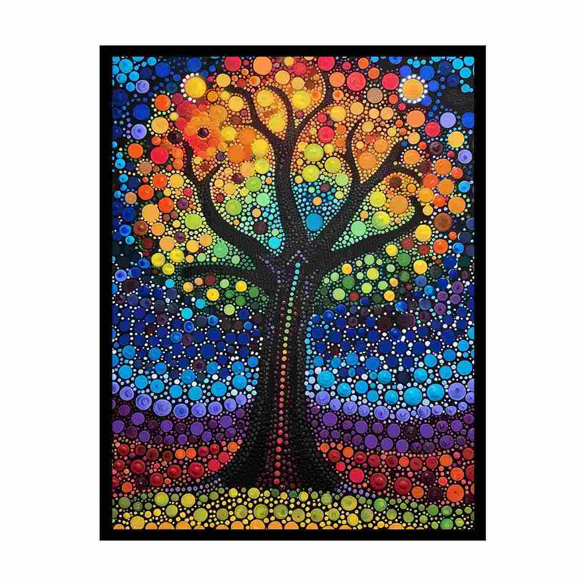 Rainbow tree dot art canvas for colorful modern living room wall decor.