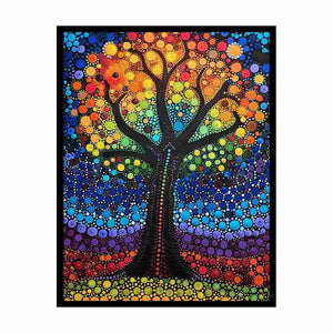 Rainbow tree dot art canvas for colorful modern living room wall decor.