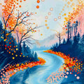 Abstract landscape painting of a winding blue river flowing through a forest with orange, red, yellow, and pink circular dot patterns in the trees and sky.