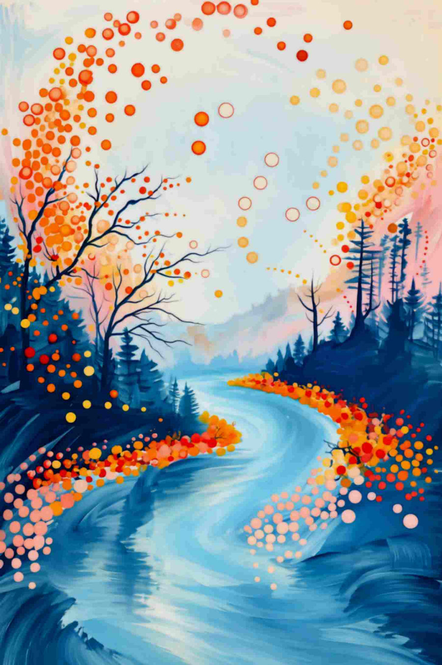 Abstract landscape painting of a winding blue river flowing through a forest with orange, red, yellow, and pink circular dot patterns in the trees and sky.