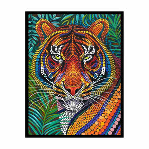 Bold tiger dot art canvas print with jungle leaves for dramatic living room decor.