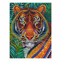 Bold tiger dot art canvas print with jungle leaves for dramatic living room decor.