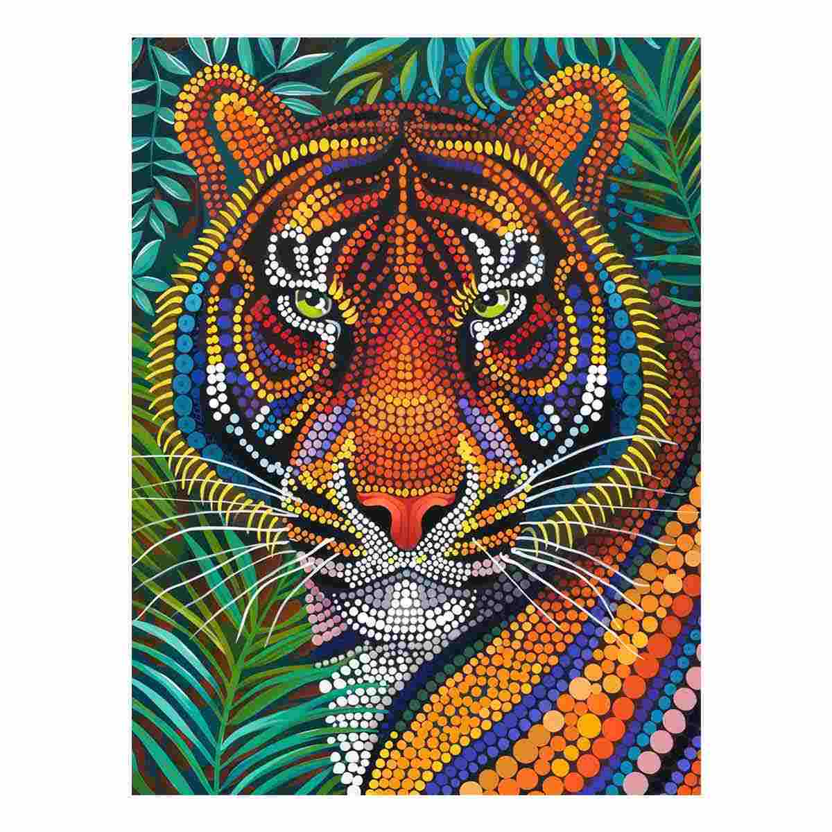 Bold tiger dot art canvas print with jungle leaves for dramatic living room decor.