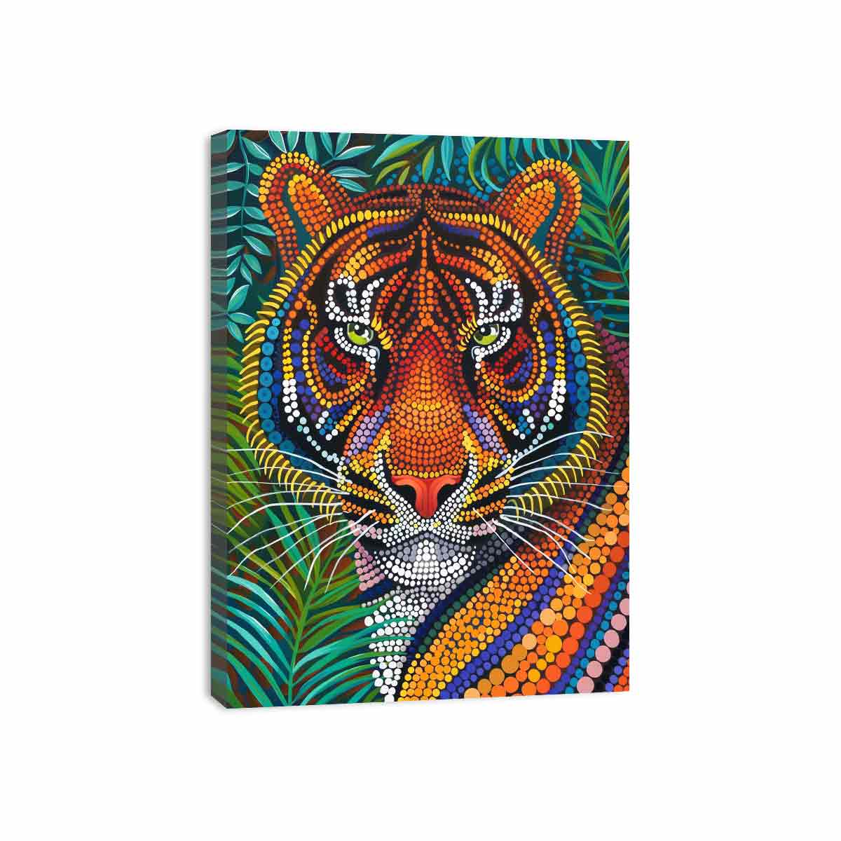 Bold tiger dot art canvas print with jungle leaves for dramatic living room decor.