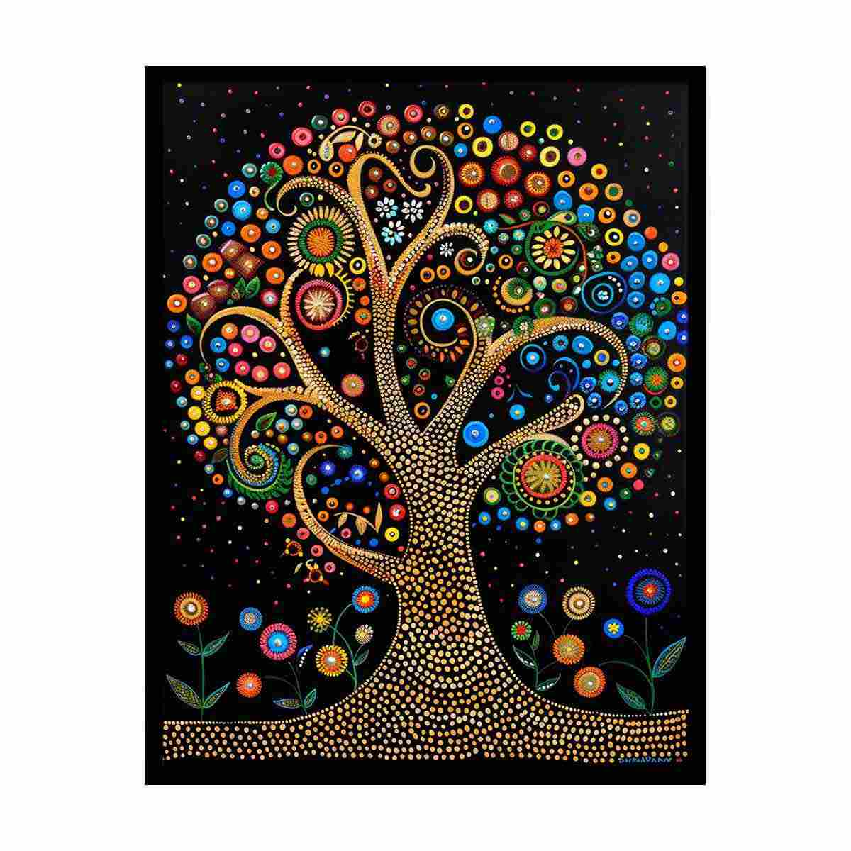 Whimsical dotted tree of life canvas art for colorful boho home decor.