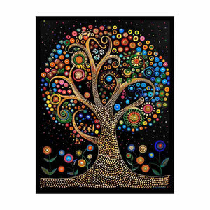 Whimsical dotted tree of life canvas art for colorful boho home decor.