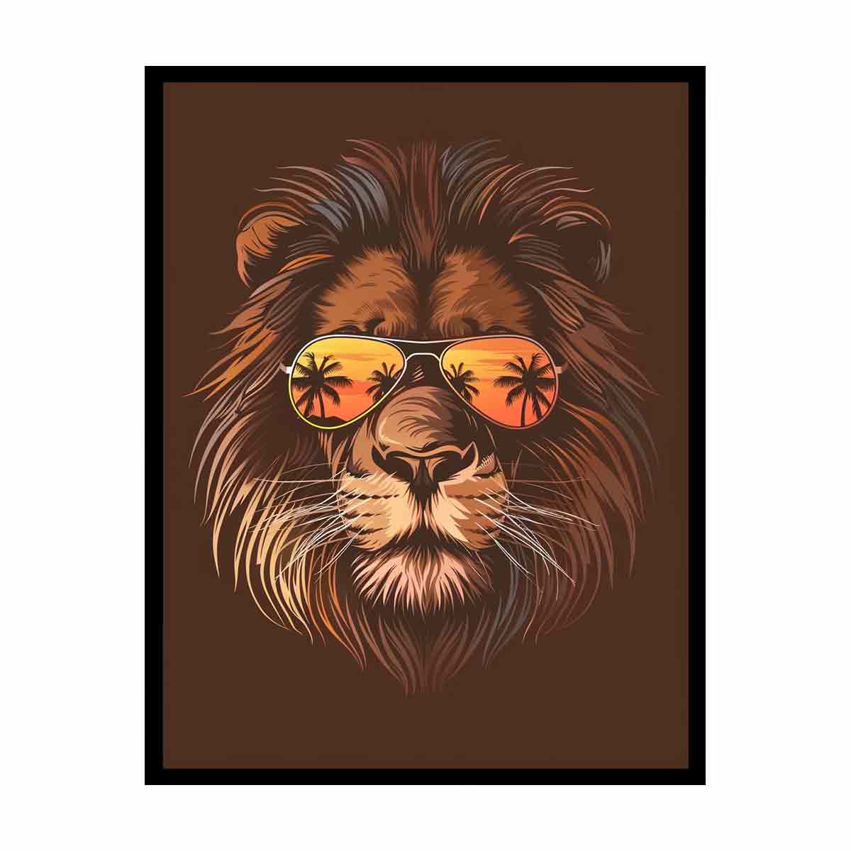 Stylized lion with sunglasses canvas art for tropical modern room decor.