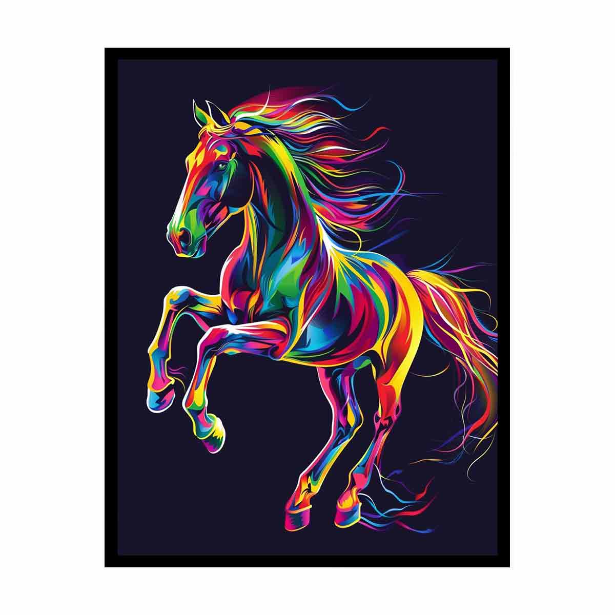 Colorful neon rearing horse canvas art for dramatic modern living room or office decor.