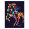 Colorful neon rearing horse canvas art for dramatic modern living room or office decor.