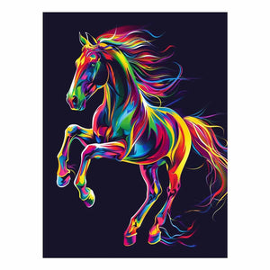 Colorful neon rearing horse canvas art for dramatic modern living room or office decor.