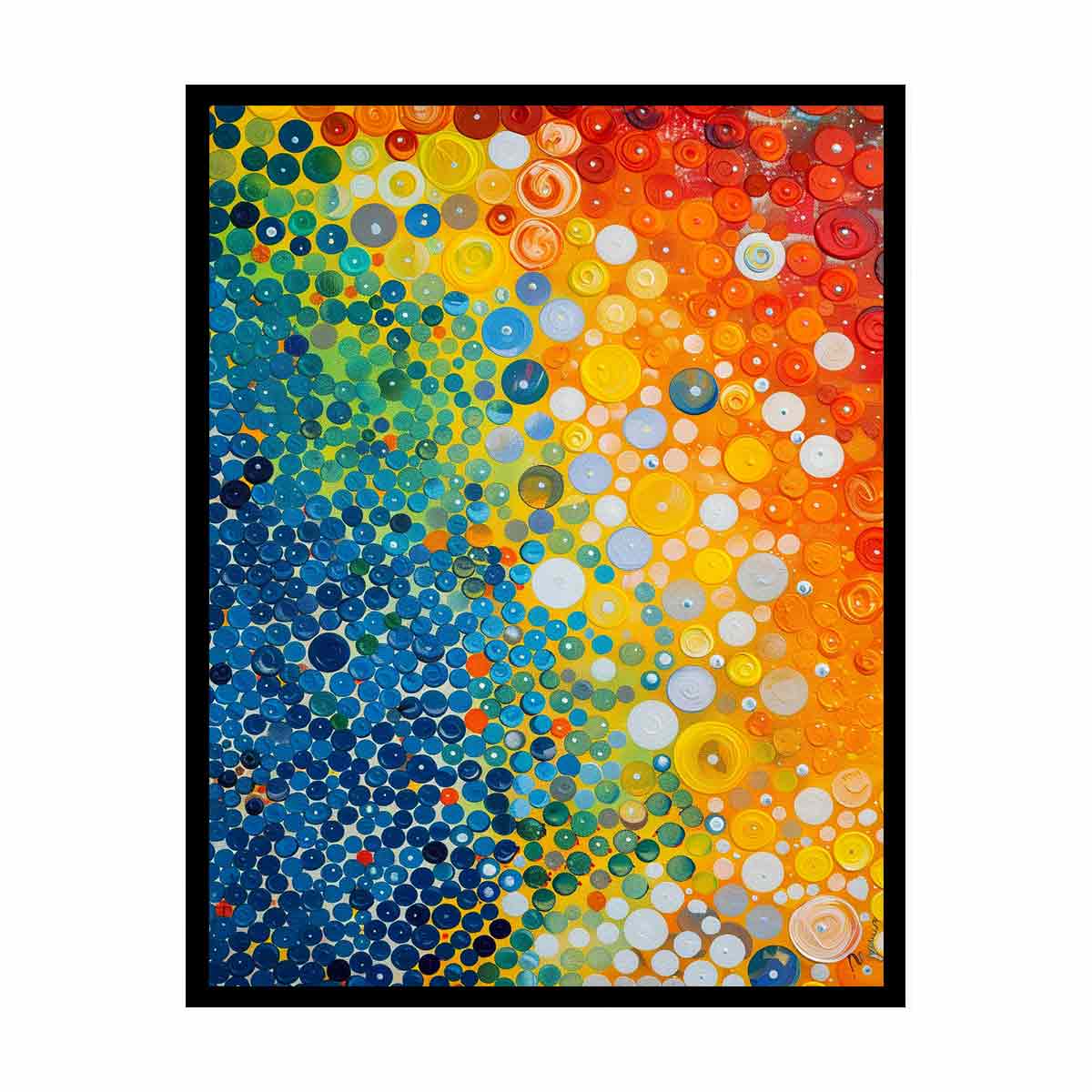 Colorful abstract dot canvas art with blue orange gradient for modern office decor.