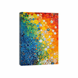 Colorful abstract dot canvas art with blue orange gradient for modern office decor.